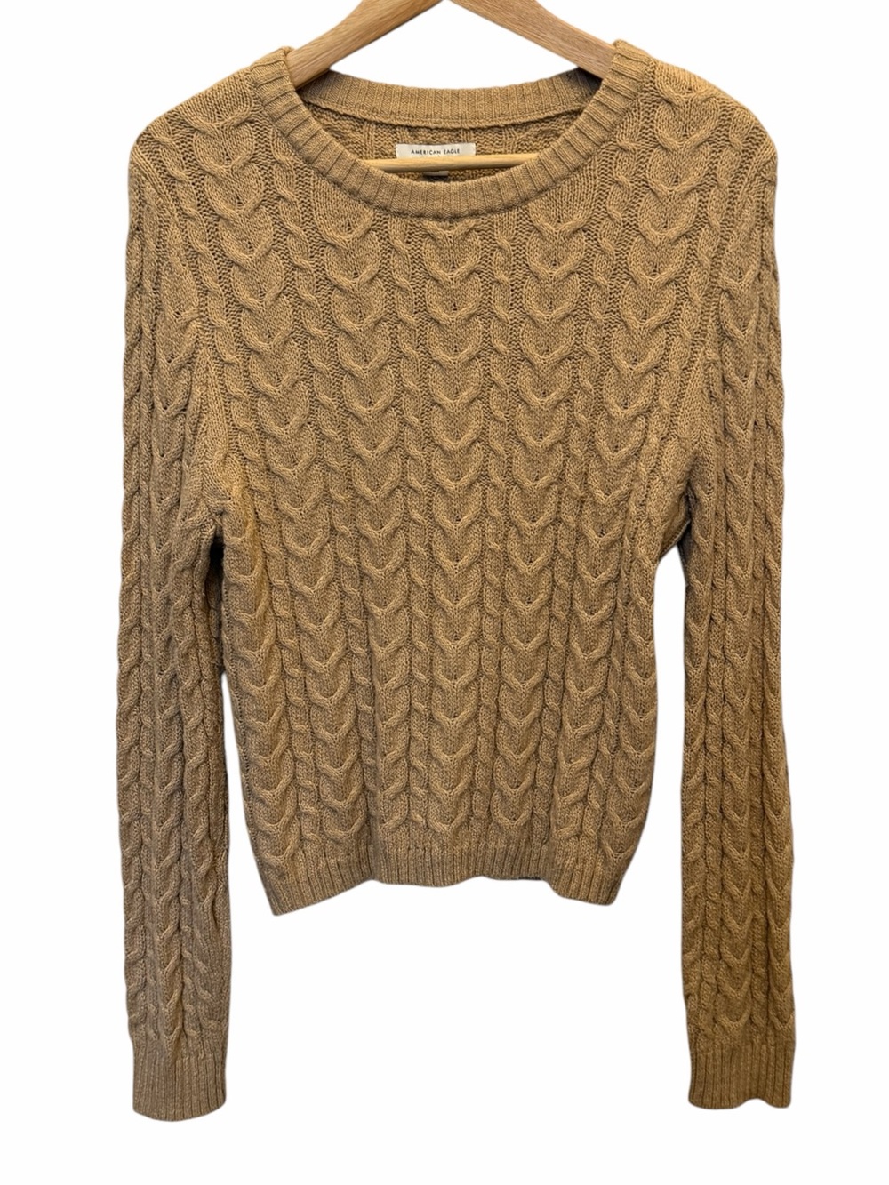 American Eagle Women Tan Cable Knit Crewneck Long Slv Sweater Sz L Preppy Casual